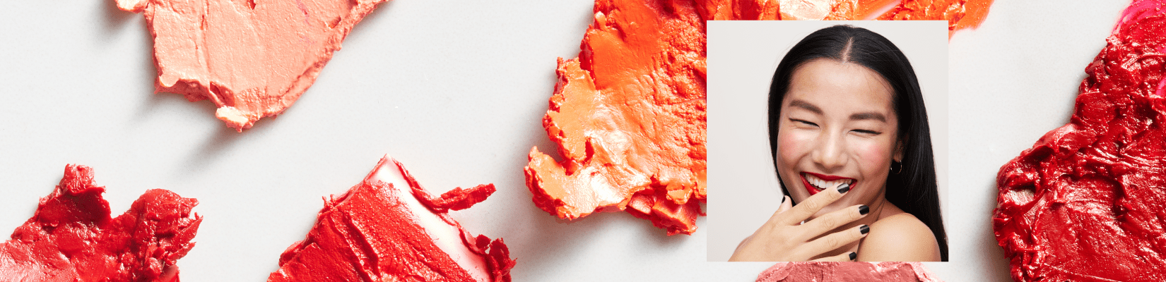 Girl laughing with orange makeup swatches in background