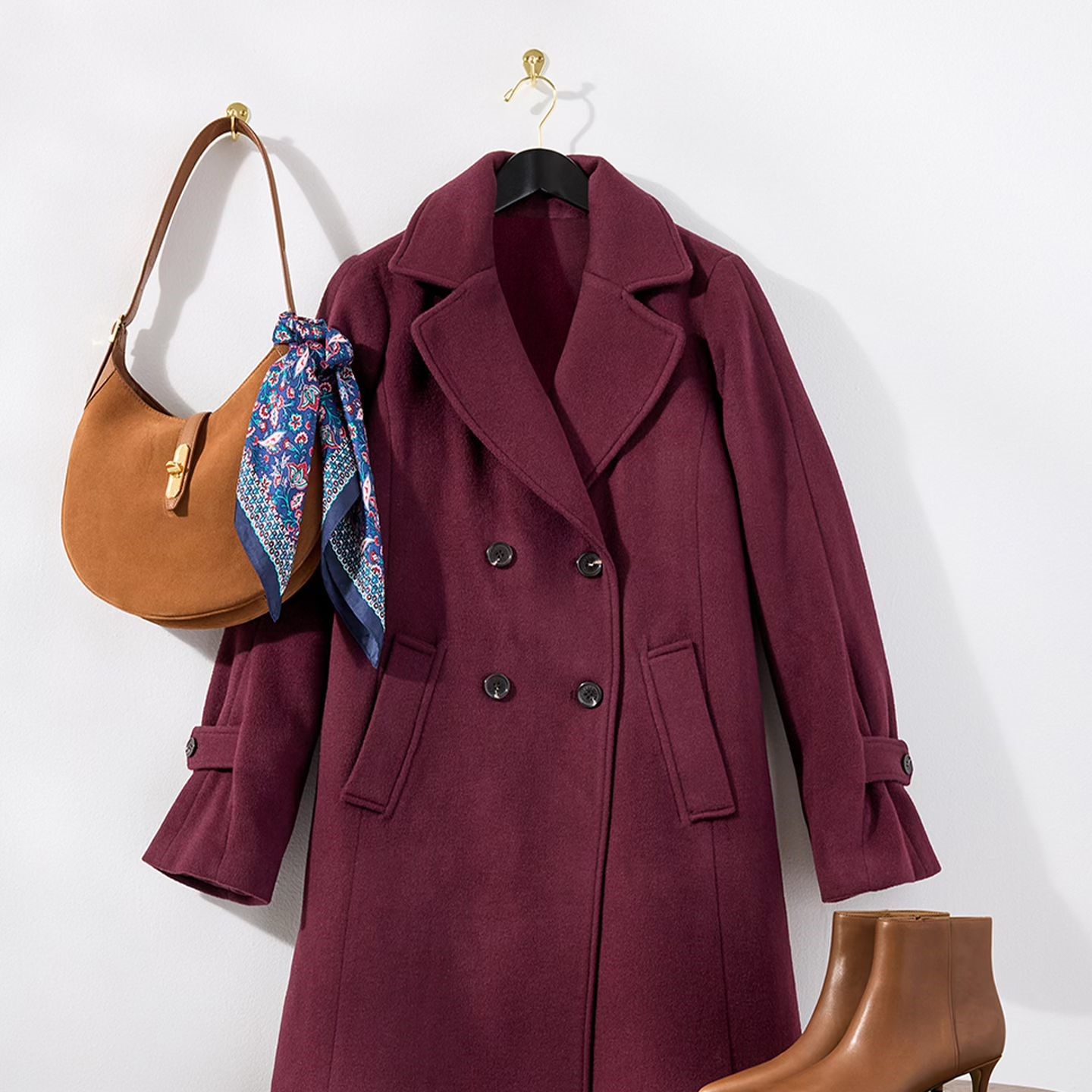Talbots burgundy jacket, handbag, and boots